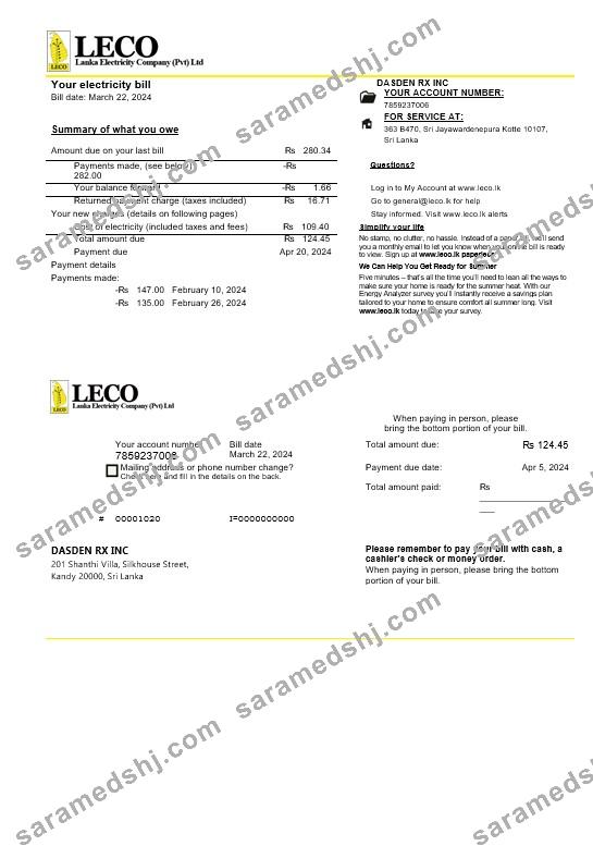 Sri Lanka LECO Company electricity business utility bill template in Word and PDF formats